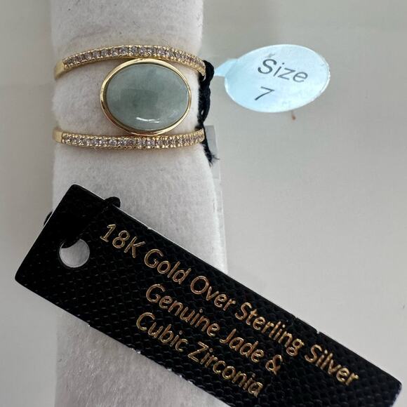 18k Gold over Sterling silver Genuine Jade & Cubic Zirconia Sz 7 ring stunning - Picture 5 of 12